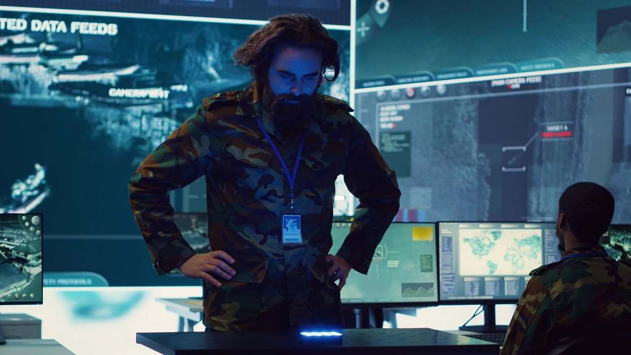 Vojenskí analytici sledujú digitálne bojisko a spracovávajú spravodajské dáta v modernom operačnom centre.