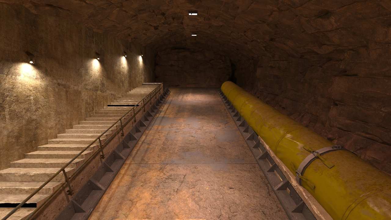 podzemný vojenský tunel vytesaný v skale pripomínajúci iránske raketové základne