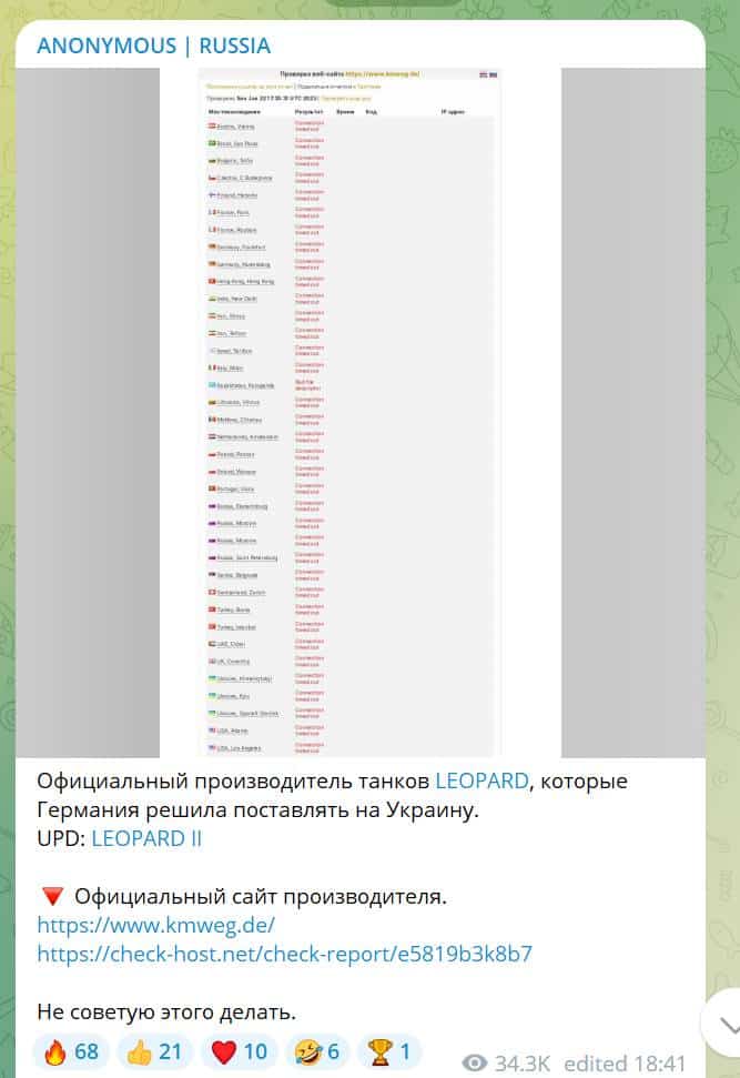 Anonymous RU_Telegram prispevok_zhodili stranku vyrobcu tankov leopard 2