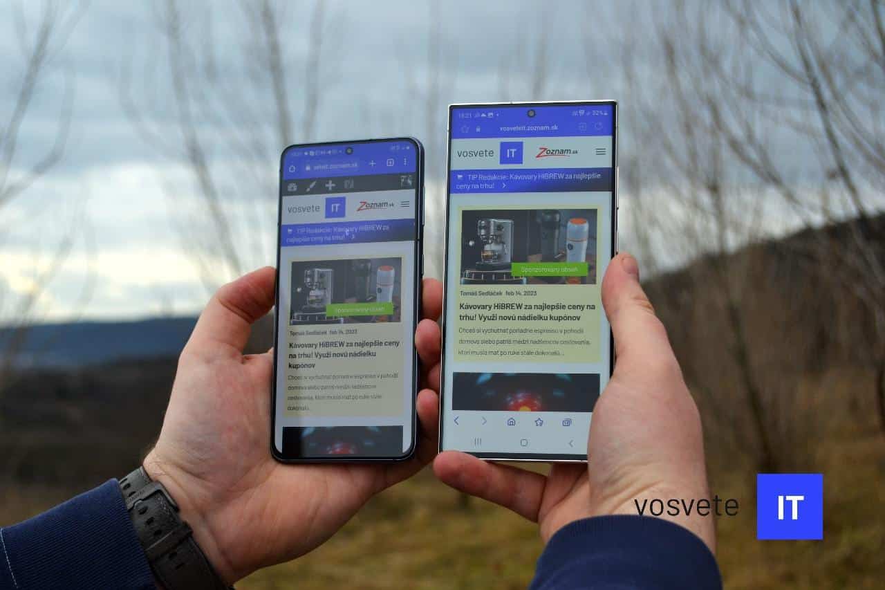 Samsung Galaxy S21 po boku Galaxy S23 Ultra - rozdiel vo velkosti