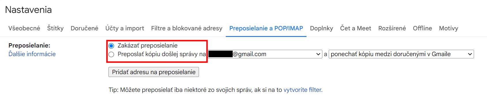 Gmail preposielanie e-mailov