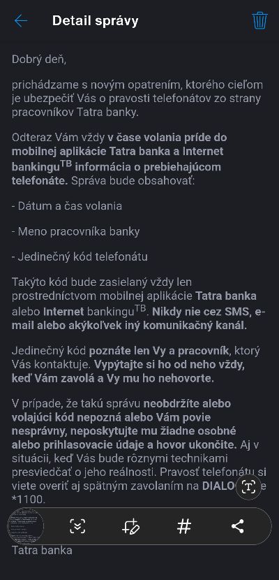 tatra banka oznamenie postupu ako bude volat zakaznikom