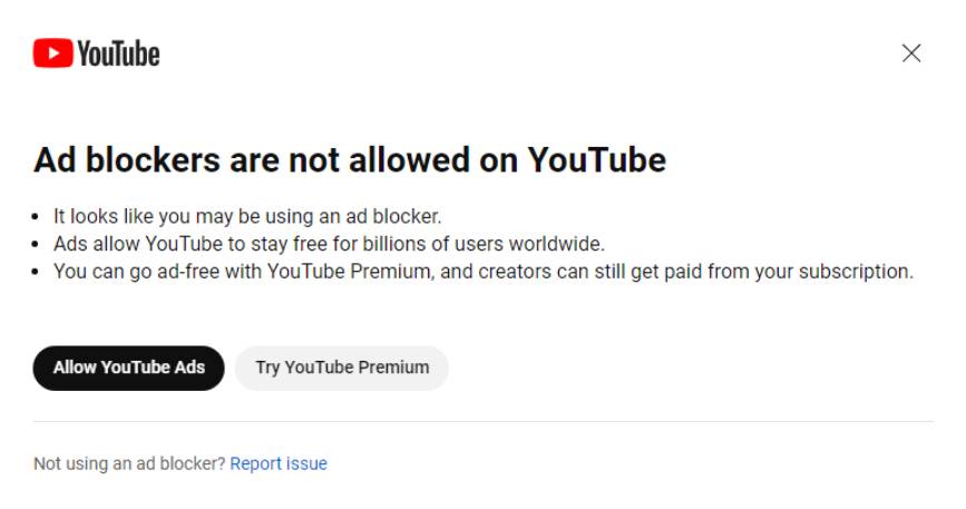 Blokovanie reklam YouTube upozornenie