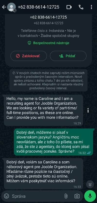 WhatsApp podvod s pracou