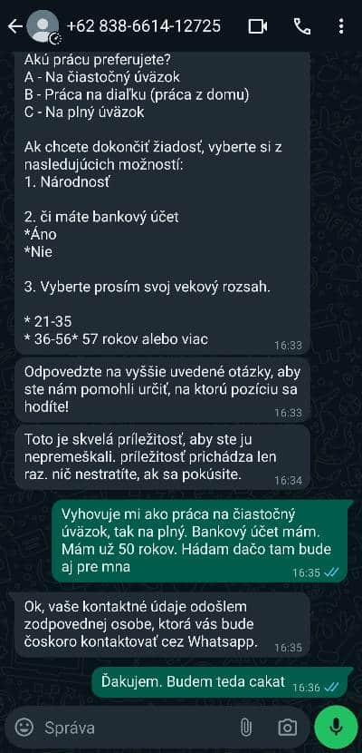 WhatsApp podvod s pracovnou ponuka_2