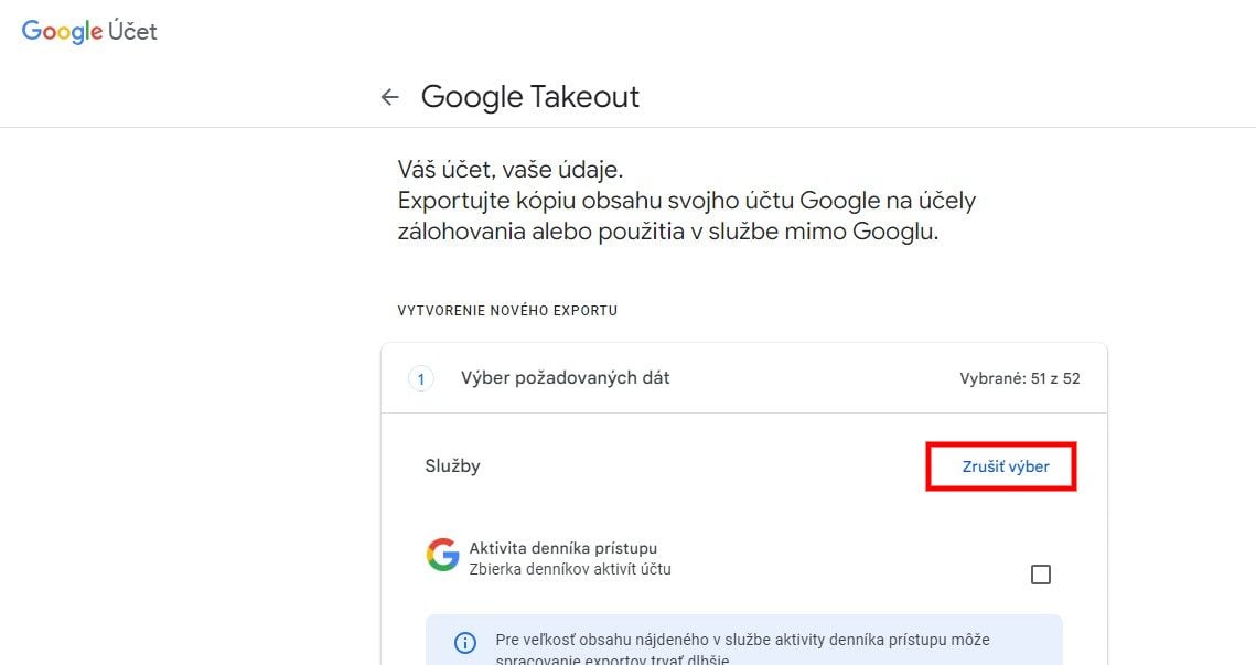 Google Takeout zrušiť výber