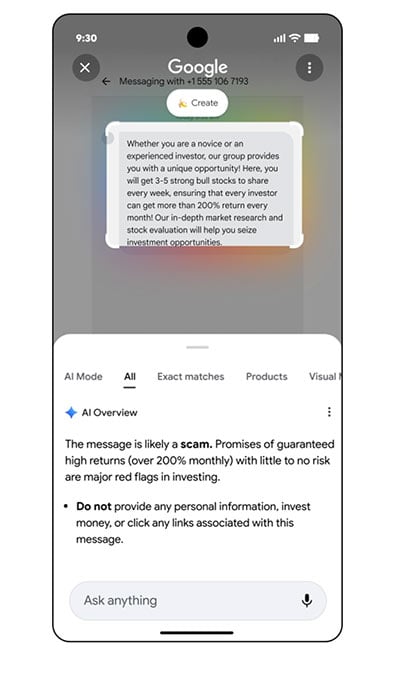 Google vylepšuje circle to search, pomôže ti vysvetliť podvody