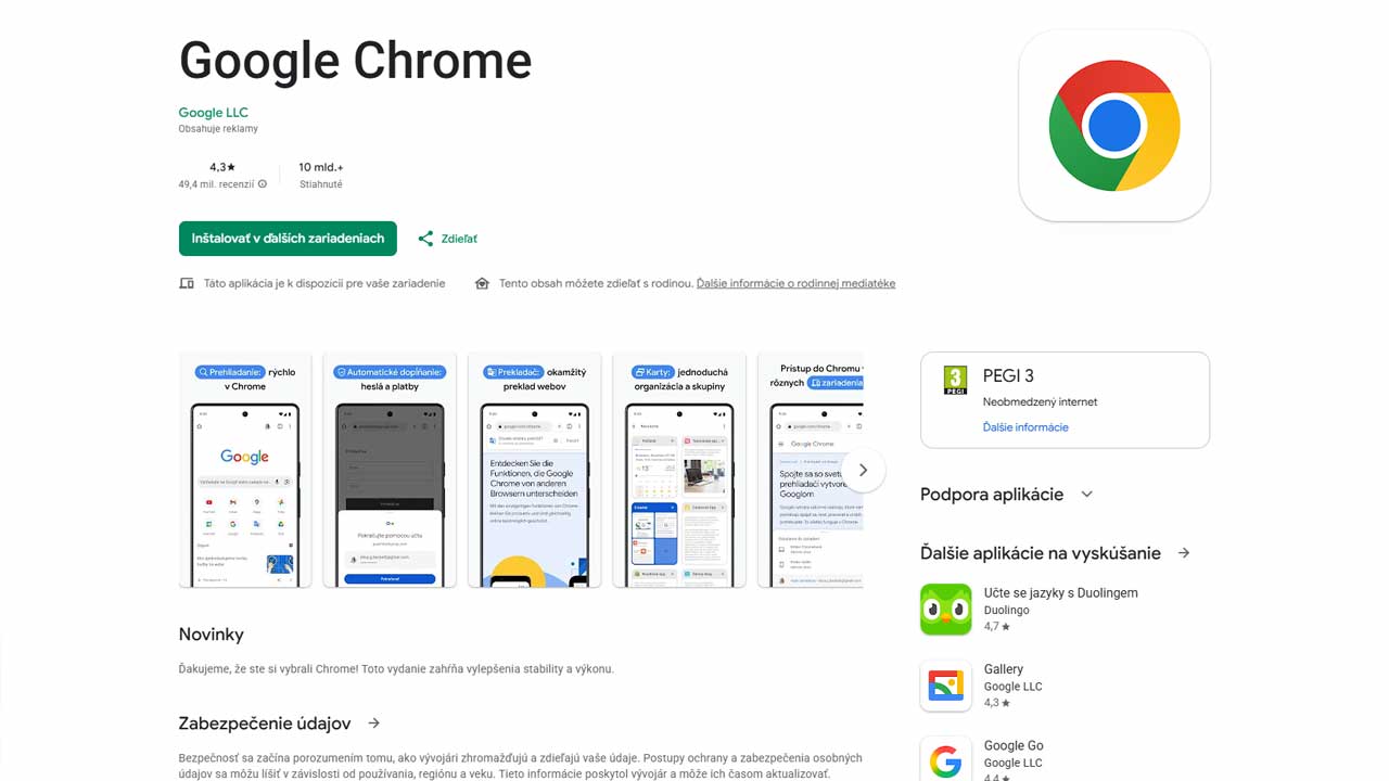 Oficiálna stránka aplikácie Google Chrome v Obchode Play