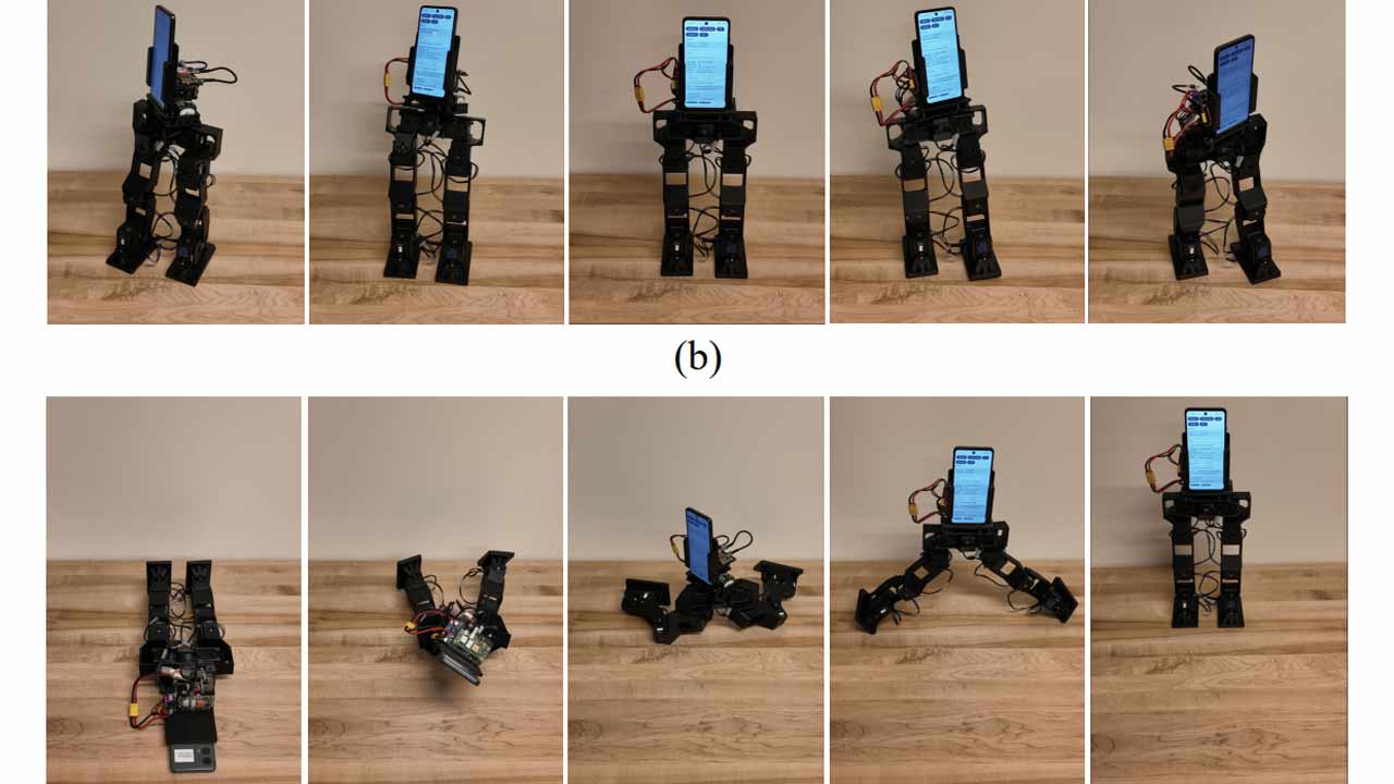 PhoneBot počas testovania chôdze a pohybu s telefónom upevneným na otočnom trupe