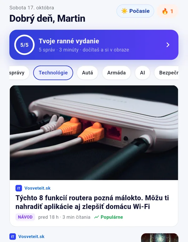 Obrazovka Dnes v aplikácii Tvoje správy