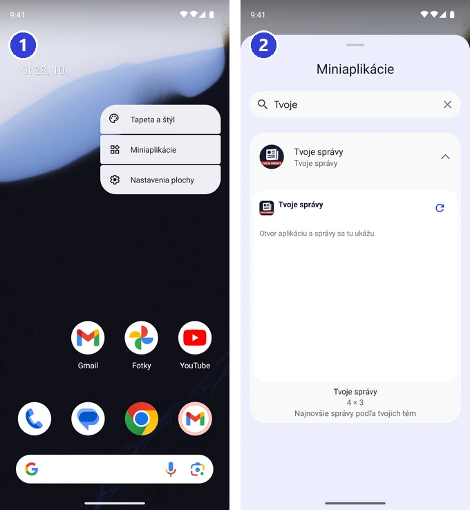 Ponuka plochy Androidu s položkou Miniaplikácie a vyhľadaným widgetom Tvoje správy