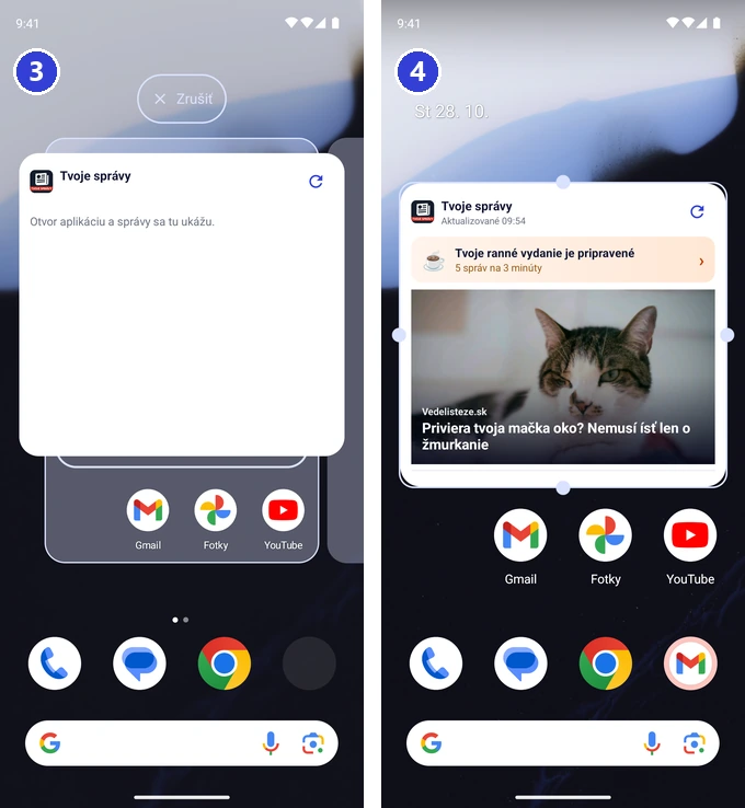 Presúvanie widgetu Tvoje správy na plochu Androidu