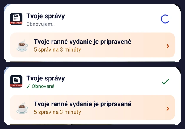 Widget Tvoje správy počas ručného obnovovania článkov